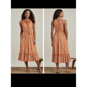 Roller Rabbit Orange Floral Ruffle Sleeveless Midi Sundress 100% Viscose S